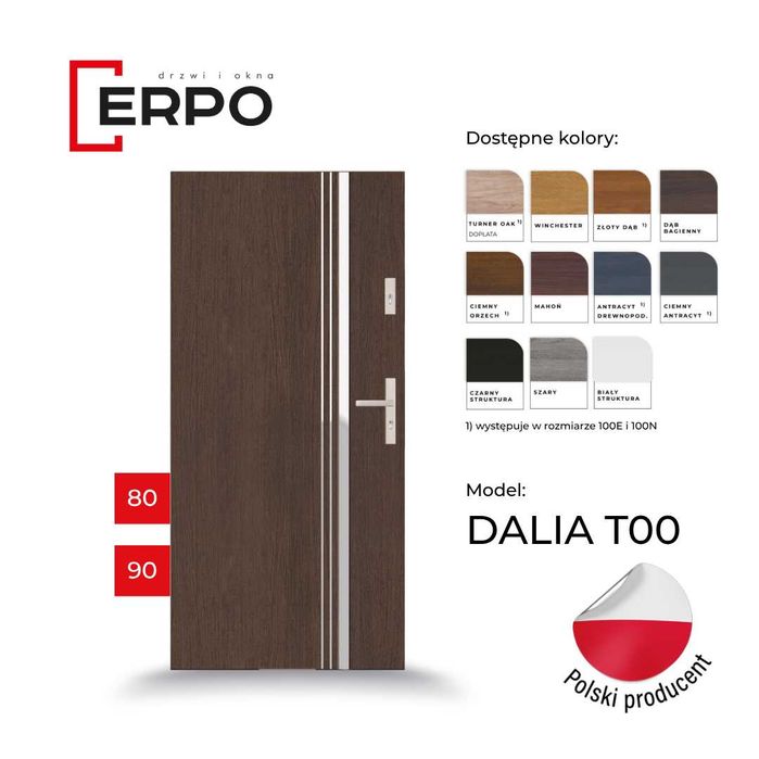 Drzwi wejściowe 80 i 90 lewe lub prawe 72mm ciepłe orzech