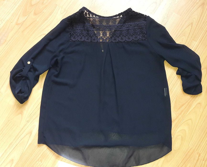 Granatowa Elegancka Bluzka ze Złotym Zamkiem, Koronka na Plecach L