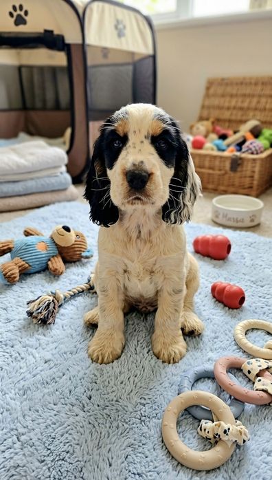 Cocker spaniel angielski, piesek tricolor, rodowód