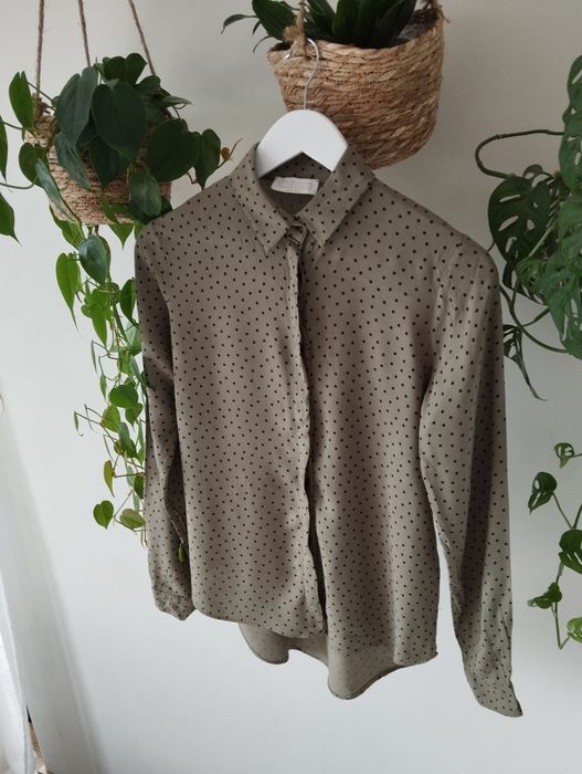 Wiosenna koszula w kropki, khaki, czarne groszki, kryta listwa, 100% w