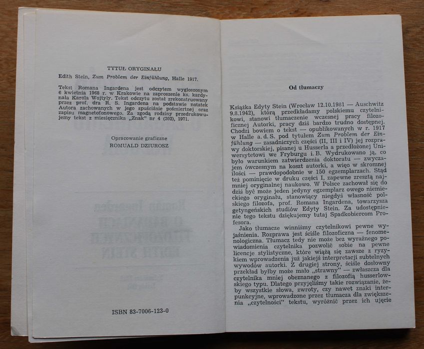 Edyta Stein, O zagadnieniu wczucia, ZNAK 1988