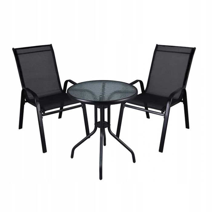 Zestaw Mebli Ogrodowych Czarny Komplet Stolik Kawowy Okrągły 2 Krzesła