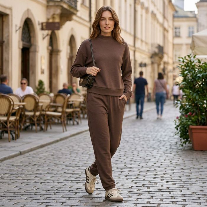 Damski komplet dresowy Premium - bluza golf, joggery, brąz XXL