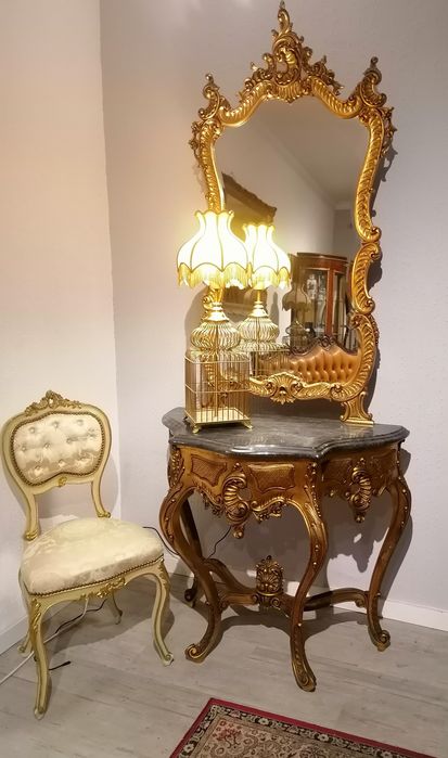 Credência (ou Consola; Mesa; Aparador) mármore, com Espelho, Luís XV