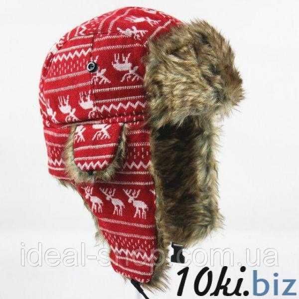 Шапка вушанка з оленями червона Універсальна для чоловіків та жінок