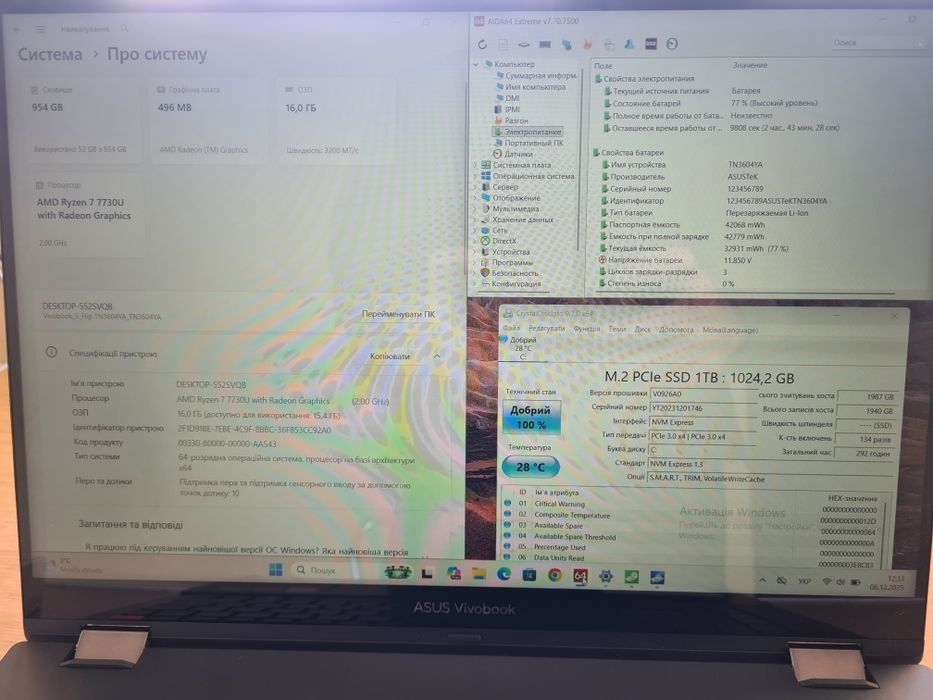 Сенсорний ASUS Vivobook S 16 Flip TN3604YA R7-7730U, RAM 16GB, SSD 1TB