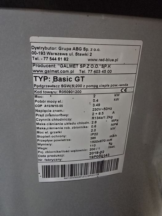 Pompa ciepla galmet basic gt 200l