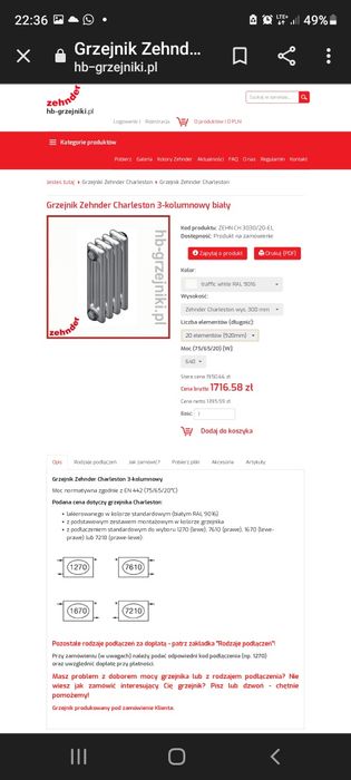 Grzejnik kaloryfer Zehnder Charleston 3030-20 vintage loft retro