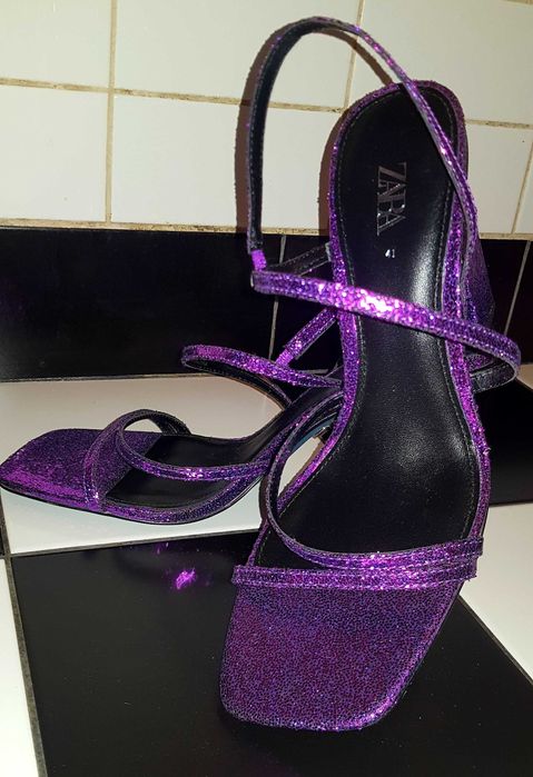 Nowe fioletowe błyszczące brokatowe szpilki obcasy Zara rozm. 41
