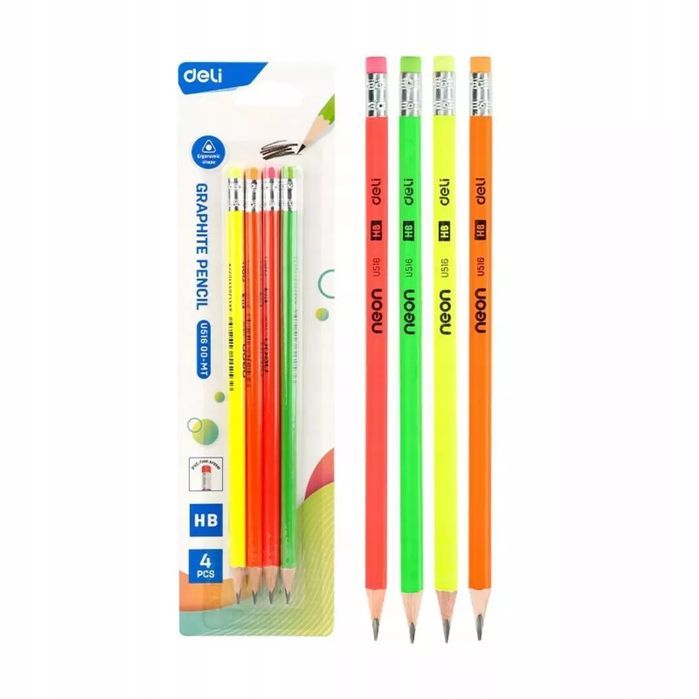 Ołówek neonowy HB z gumką 4szt DELI. DELI