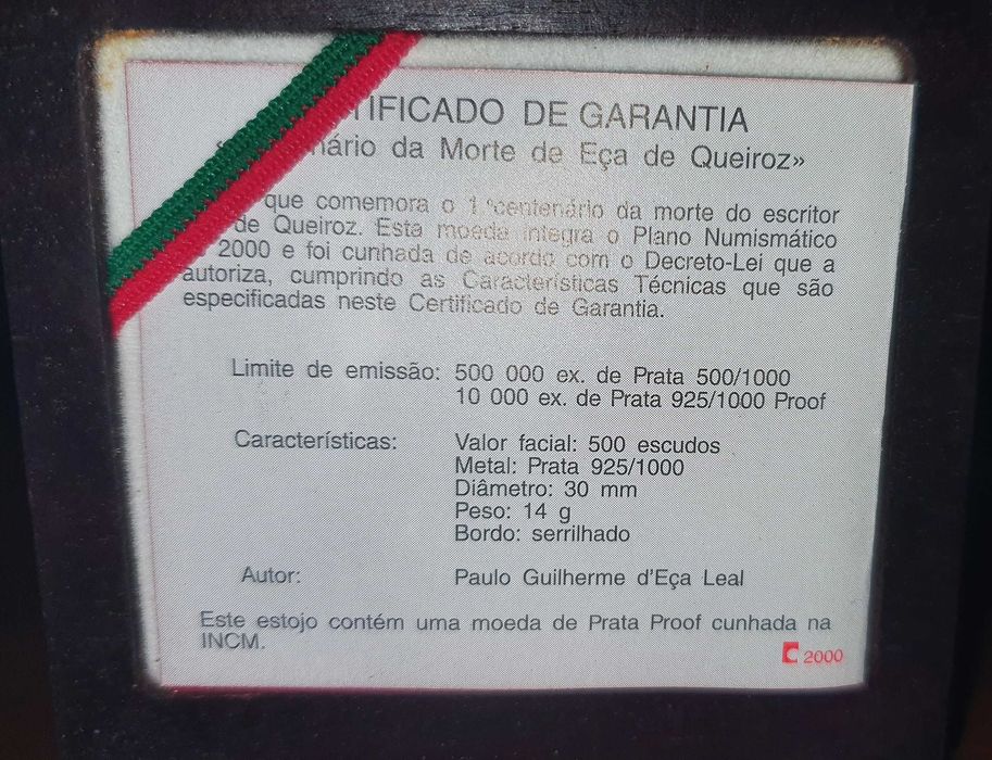 Centenário da morte de Eça de Queiroz 2000 - Moeda coleção em Prata