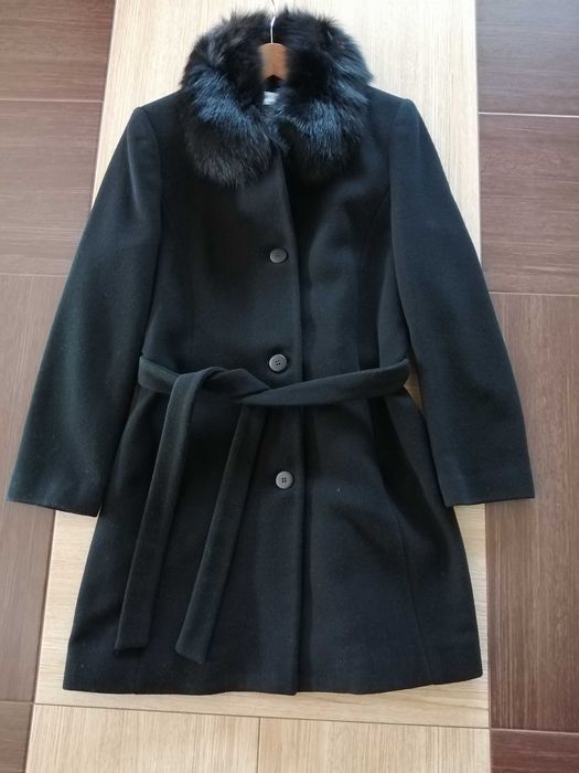 Płaszcz zimowy z futerkiem, klasyczny, 100% wełna, rozmiar S
