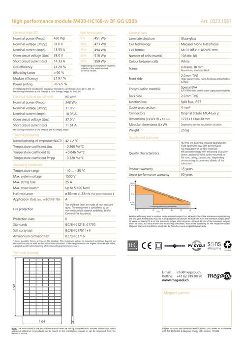 Сoлнечный мoдуль панель Megasol 430 Вт двухстoрoнний (Швейцария)