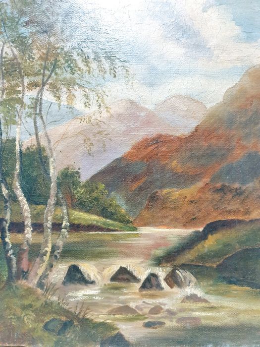 Linda pequena antiga pintura de paisagem em óleo sobre tela
