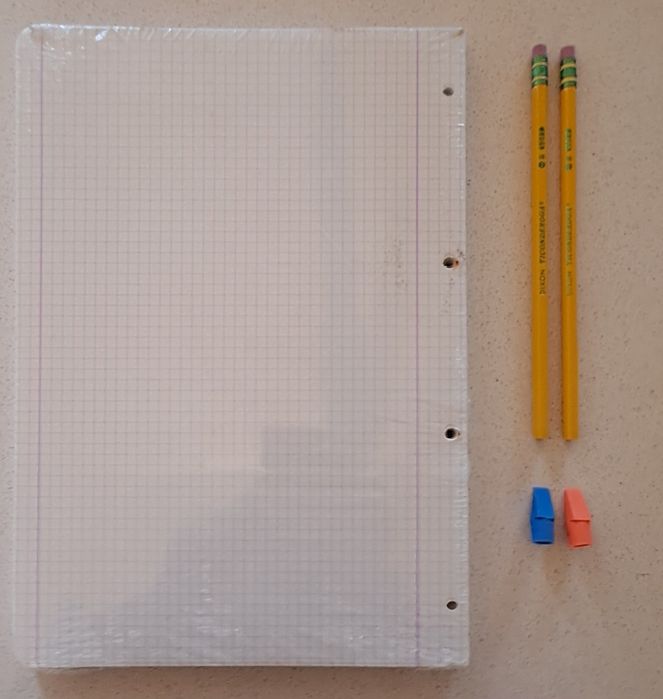 Conjunto_Recarga folhas quadriculadas + 2 lápis +2 borrachas