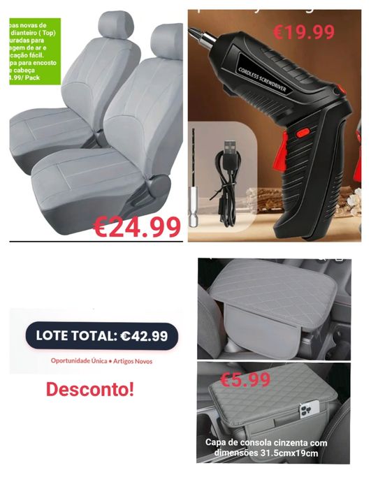 Capas assento automóvel+ Capa Consola Apoio Braços+ Aparafusadora Eléctrica