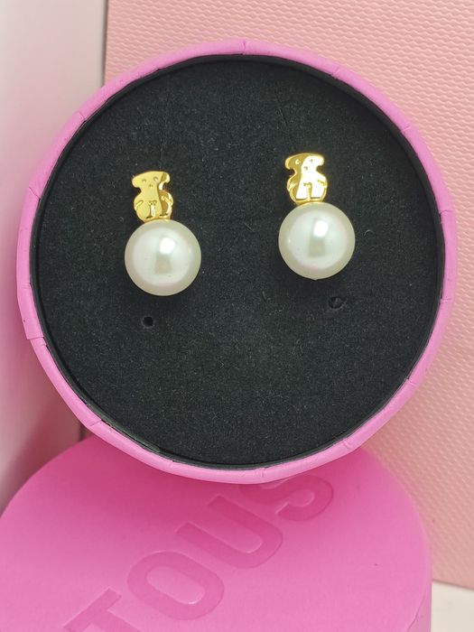Kolczyki z misiem żółte srebro vermeil 925 z  perłą naturalną