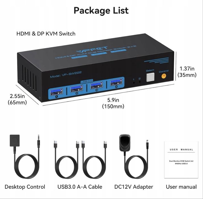 KVM 2× Komputery 2× Monitory HDMI+DP 8K60Hz USB 3.0 CMSTEDCD VP-SW222