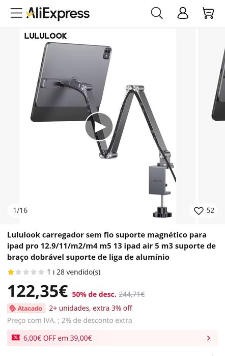 Suporte de braço dobrável em Alumínio para ipad. Último preço!!