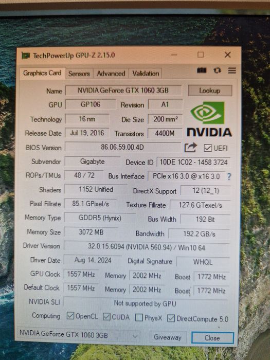 GIGABYTE GTX 1060 3GB 192BIT GDDR5 Відеокарта в гарному стані