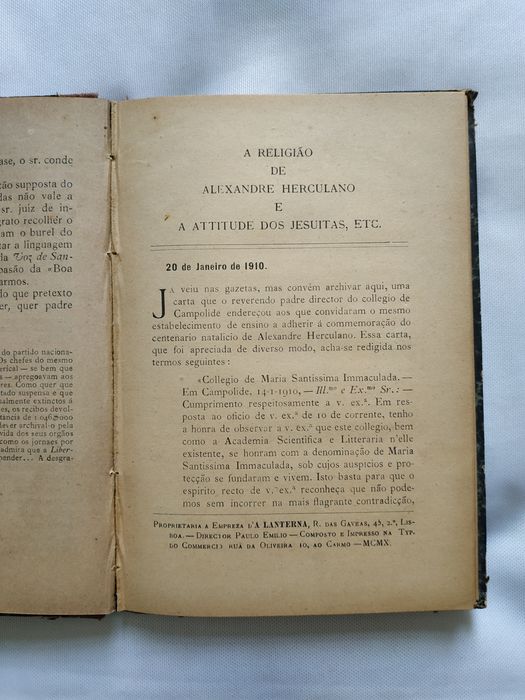 Livro Carta Aberta ao Sr Patriarcha de Lisboa  sobre a boa Imprensa de 1910