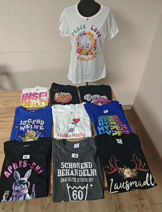 Zestaw 10 nowych koszulek damskich M – T-shirty bawełniane, różne nadruki, komplet