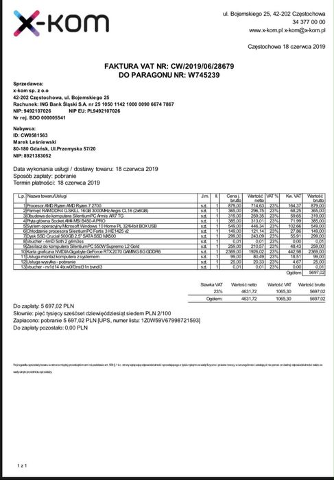 Komputer RTX 2070 Ryzen 7 2700 16Gb RAM