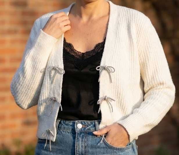 Kremowy Sweterek Sinsay XXS/XS , Srebrne Kokardki Coquette Balletcore