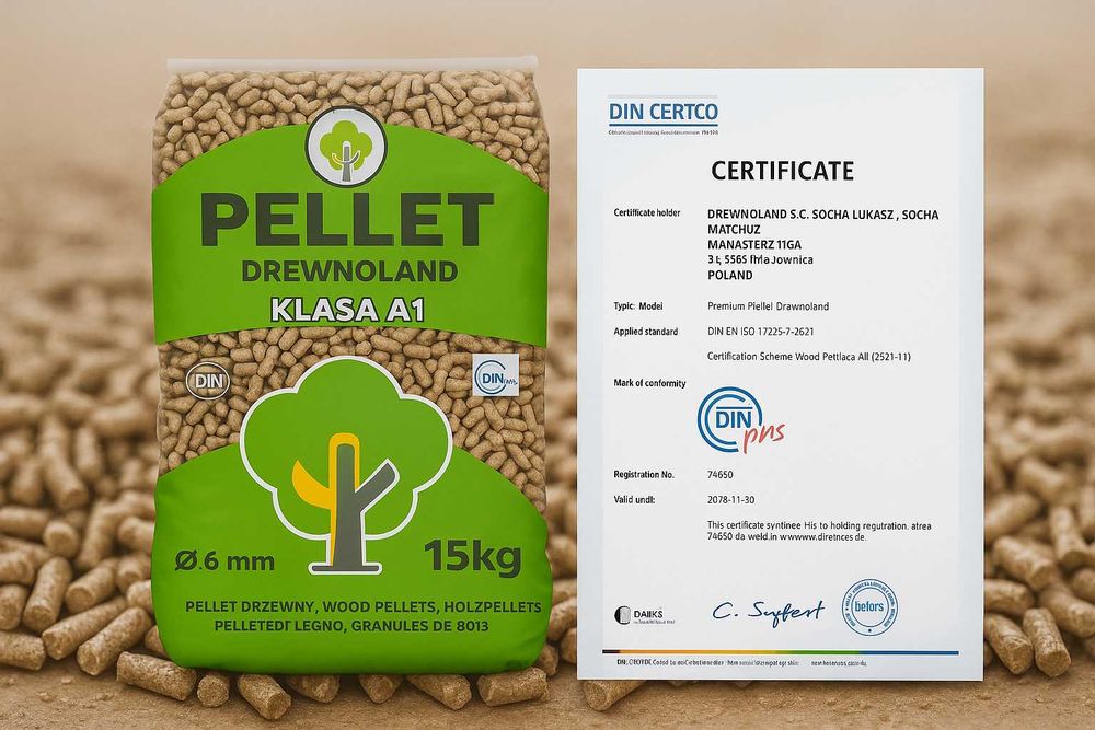 Opał, Pellet DĘBOWY Drewnoland,6 mm, certyfikat DIN PLUS A1,Wylewa