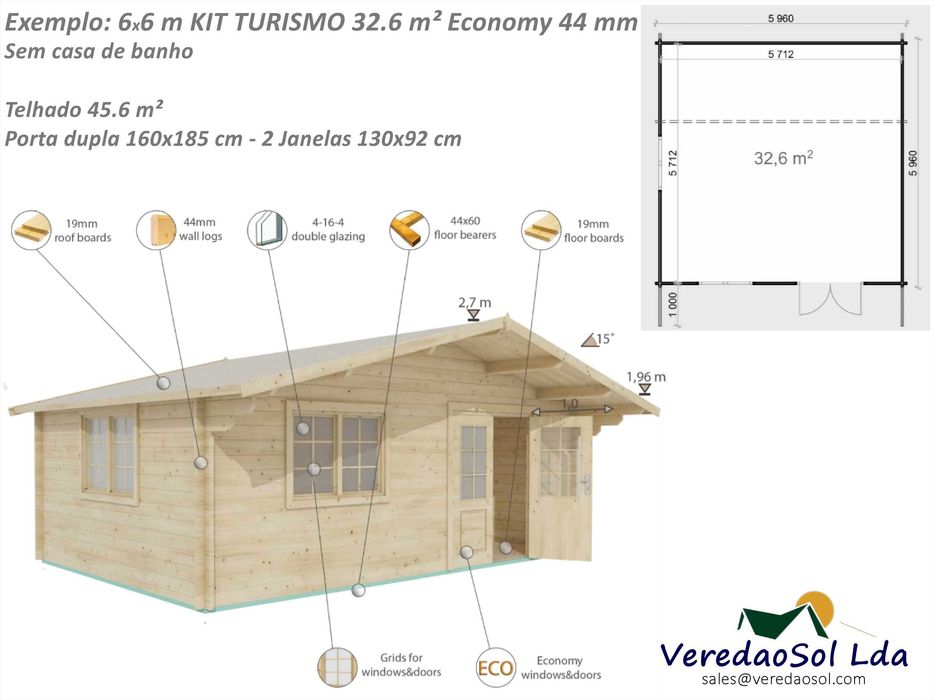 Casa madeira TURISMO-Linus 44mm - partir de 4x3 m  Com e sem c.d banho