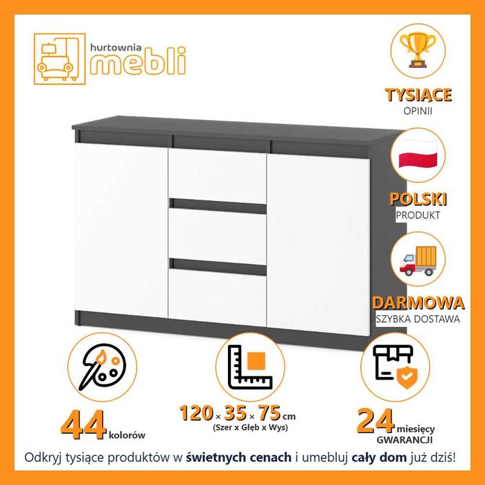 Komoda Nowoczesna Agnes 120cm Szafka 3 Szuflady Do Salonu i Sypialni