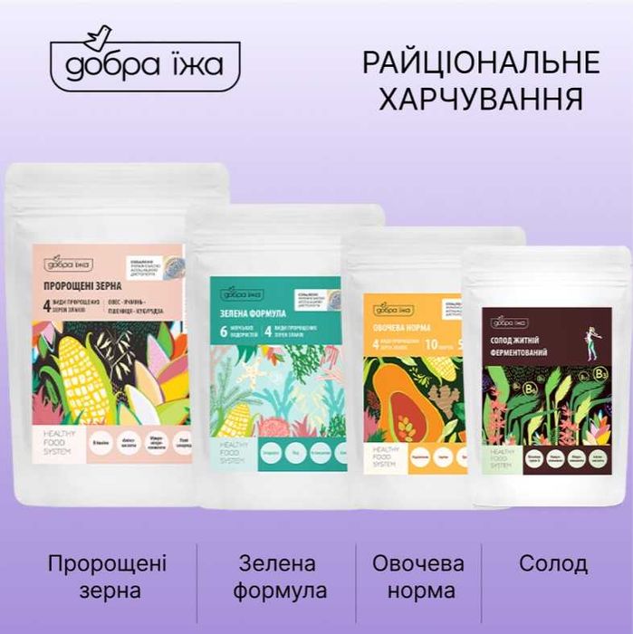 Пророщені зерна, солод, водорості, овочі.Дієтичні добавки.