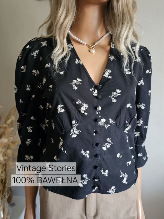 Bluzka czarna białe kwiaty bawełna bufiaste rękawy casual retro M 38 Vintage Stories