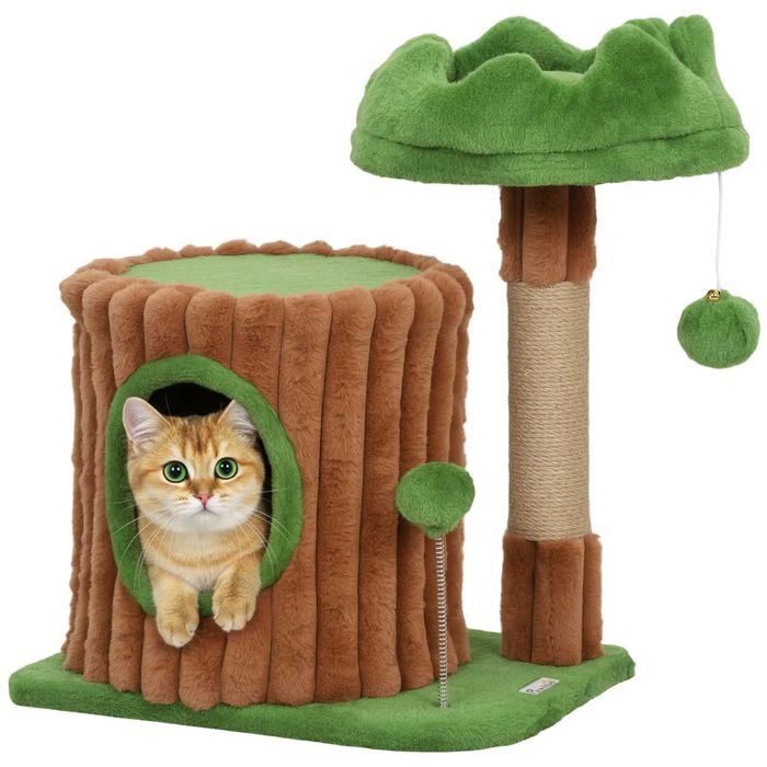 Cama de Gatos Tronco Caverna e Poste de Juta Bolas Penduradas Castanho e Verde