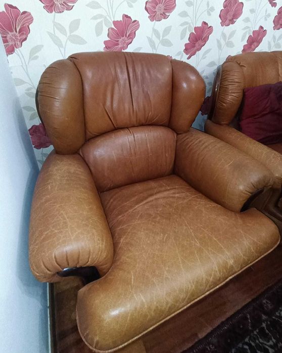 Sofá-cama e cadeirão de pele