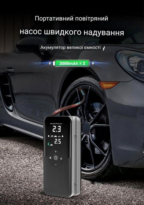 Портативний автокомпресор з манометром (20л/хв 4000мАч), електричний насос автоматичний для накачування шин, бездротовий компресор для авто