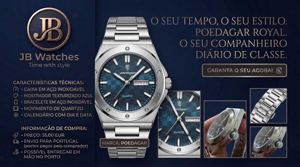 Relógio masculino Poedagar azul, em aço – dia e data