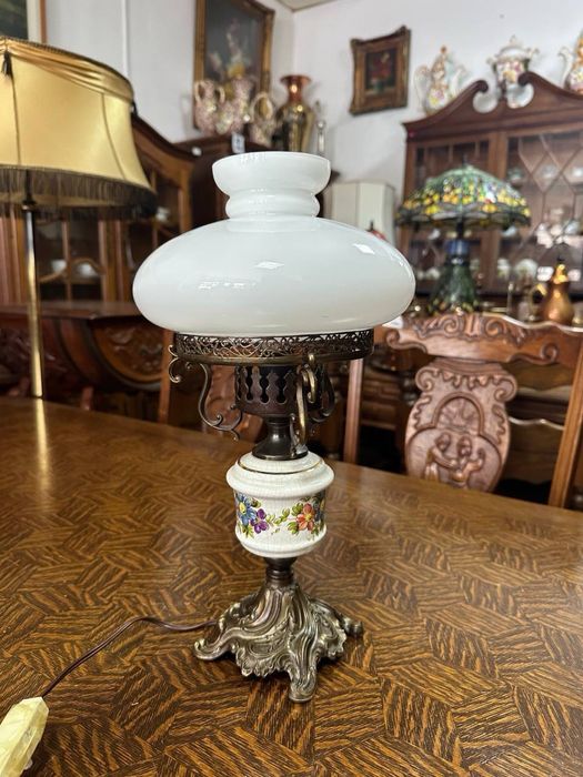 Антикварна натільна лампа бронза порцеляна скло фарфор 7558