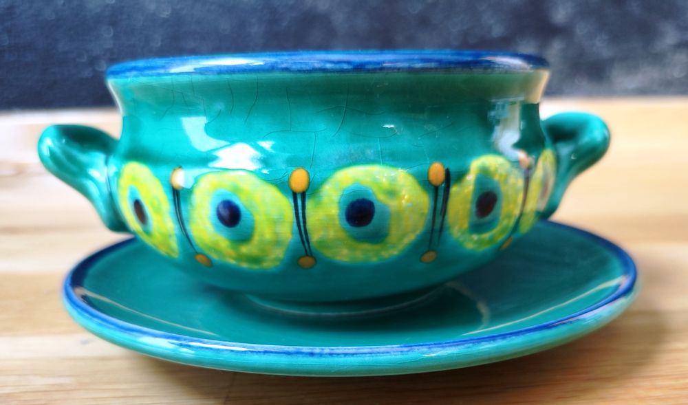 Vintage Schramberg Isar – 2 bulionówki z talerzykami, turkusowe SMF