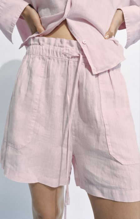 Zara pudrowe lniane szorty spodenki r L