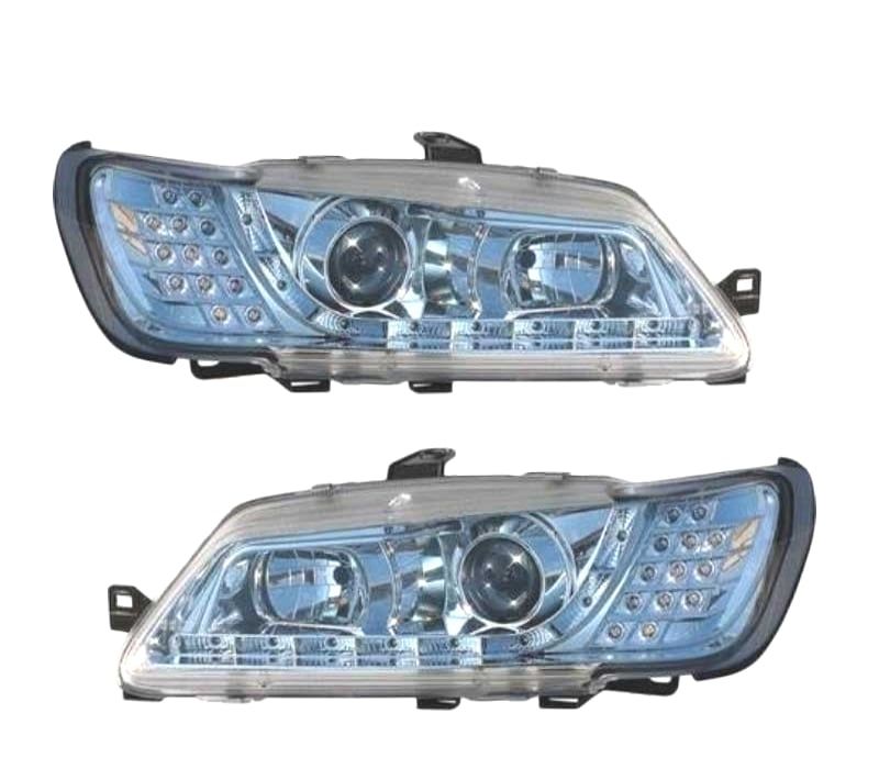 FARÓIS COM LUZ DIURNA LED PEUGEOT 306 97-00 FUNDO CROMADO