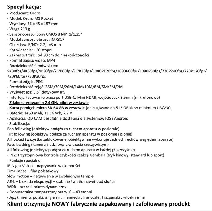 Ordro M5 Pocket 5K z kartą SD i pilotem z 3-osiowym gimbalem. Nowa