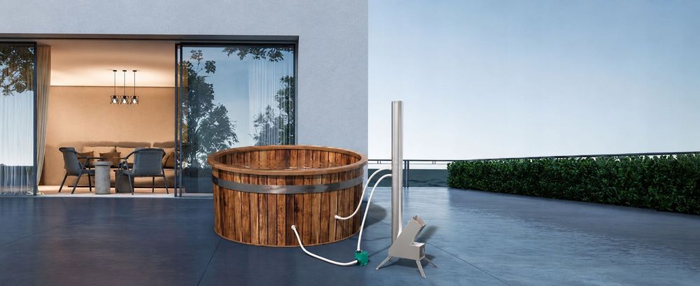 Gotowy Zestaw OGRZEWACZ WODY do BASENU 12w1 + POMPA WODY + 2x RURY PVC + KOMIN + Złączki na Drewno Węgiel Piecyk Rakietowy Piec Balii Jacuzzi Basenu