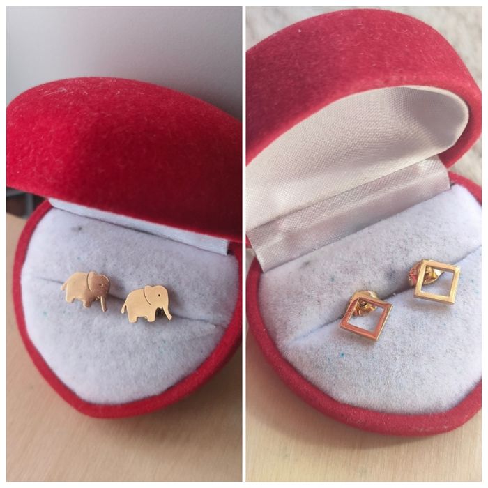 2 pary kolczyki słonik romb kolor złoty wkręty sztyfty stal okazja