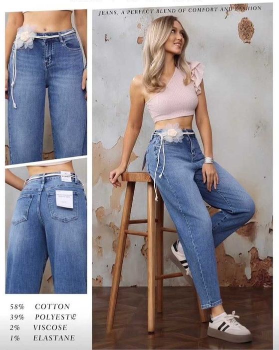 Jeansy M.SARA balloon niebieskie z paskiem róża elastyczne XS S M L XL