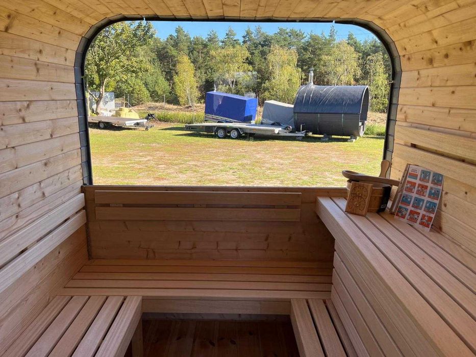 Sauna ogrodowa z piecem opalanym drewnem panorama kwadratowa 1-8 osób
