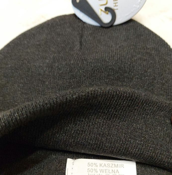 Prosta czapka dzianina prążek unisex 50% kaszmir 50% wełna grafitowa