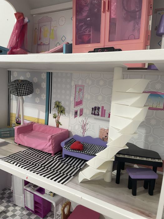 Duży DREWNIANY DOMEK dla lalek Barbie + Oryginalna SZAFA mebelki HIT!