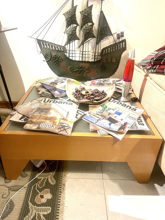 MESA DE APOIO - pinho maciço e vidro escovado/fosco