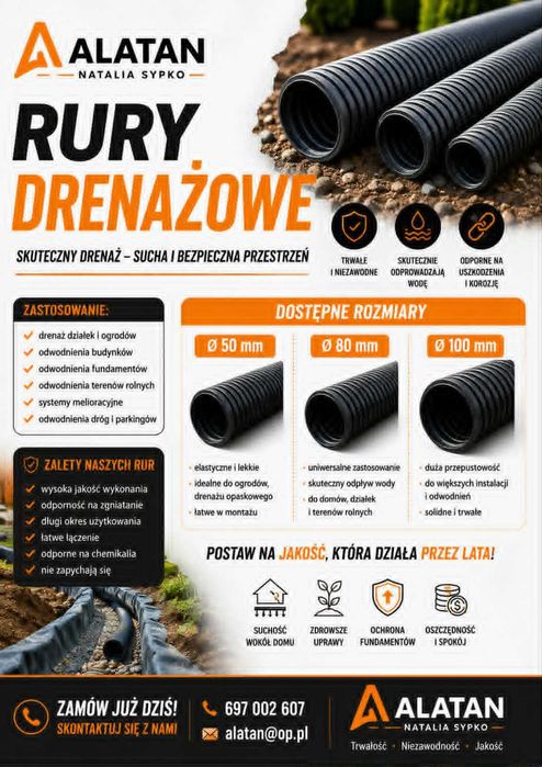 Rury drenażowe drenarskie 50 80 100 mm | Drenaż odwodnienie melioracja